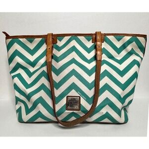 Dooney & Bourke Chevron Shopper Tote Bag Teal‎ White Leather Trim Shoulder Bag